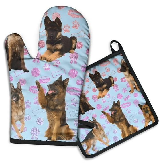 German Shepherd Kitchen Oven Mitt and Pot Holder Sets 2 Pcs for Baking, Cooking and Grilling, Heat Resistant Up To 392 °F