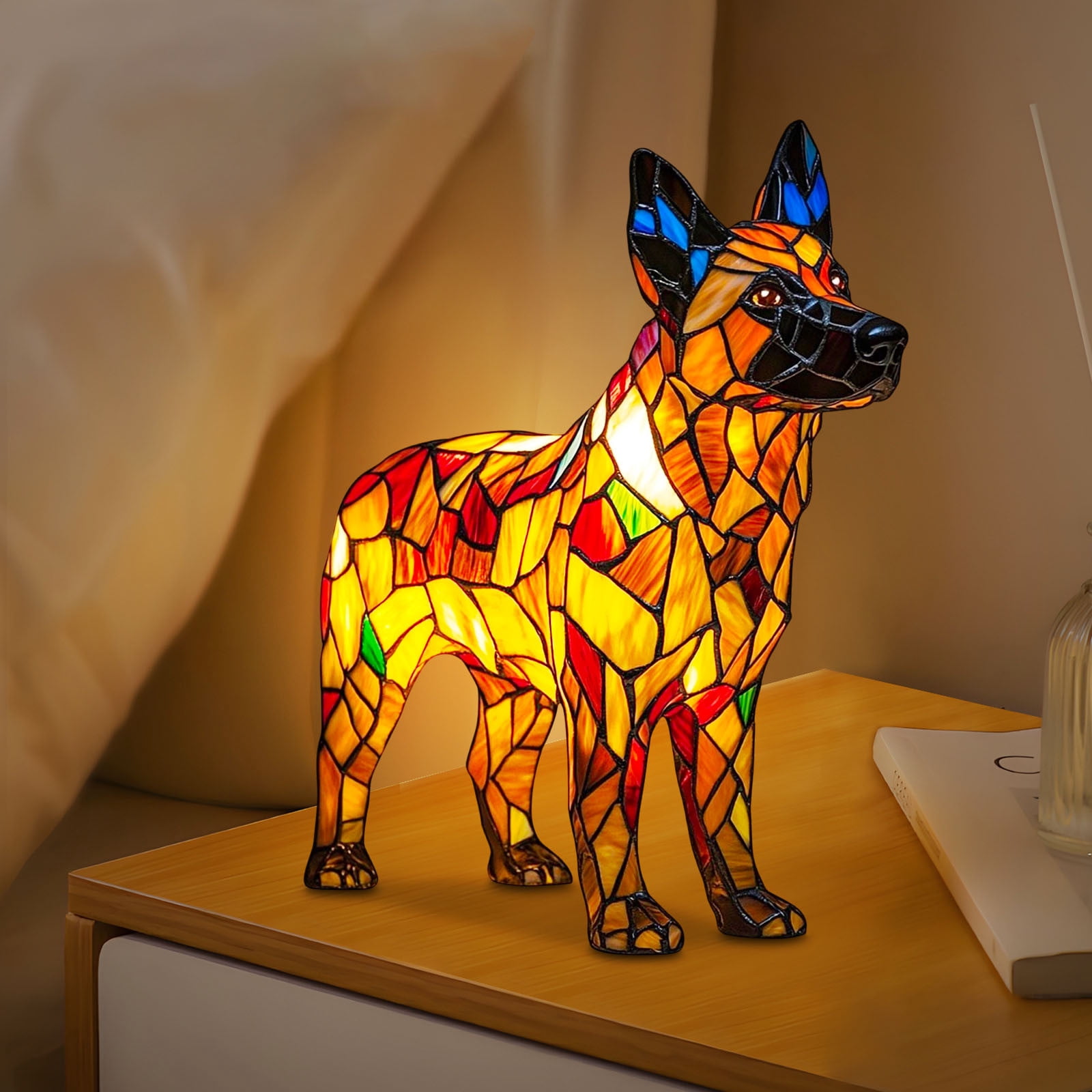 German Shepherd Lamp, Stained Pet Dogs Themed Led Table Lamps 