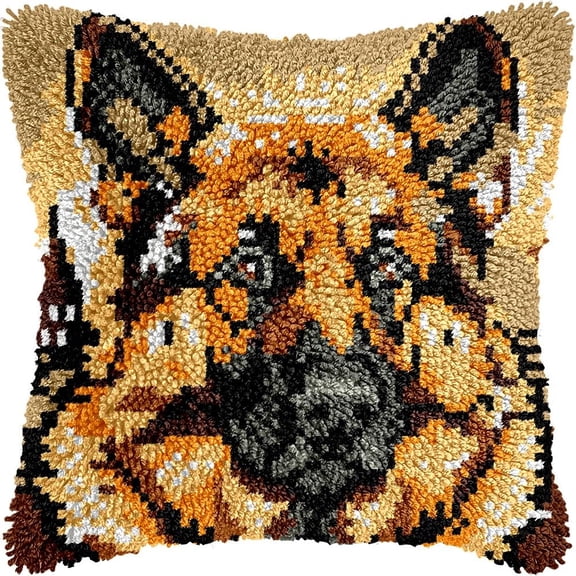 German Shepherd Latch Hook Kits Pillow DIY Rug Crochet Hook Cushion Making Kits with Preprinted Pattern Canvas Instruction Yarns Pillow Cover Easy Starter DIY Crochet Kits 43x43cm de114)