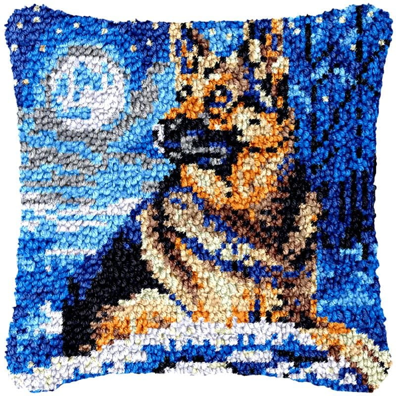 German Shepherd Latch Hook Pillow Cover Kits for DIY Handmade Throw Pillow Cross Stitch Latch Hook Pillowcase Rug Kits with Preprinted Color Pattern Canvas Crochet Yarn Kits 17''X 17''(ys225)