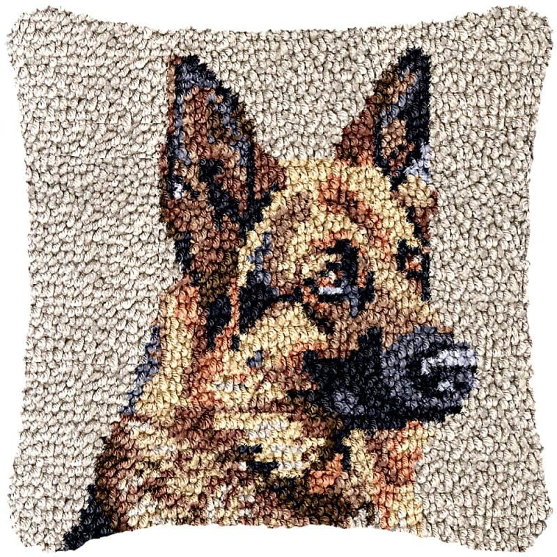 German Shepherd Latch Hook Pillow Cover Kits for DIY Handmade Throw Pillow Cross Stitch Latch Hook Pillowcase Rug Kits with Preprinted Color Pattern Canvas Crochet Yarn Kits 17''X 17''(ch13)