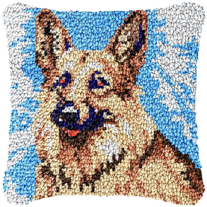 German Shepherd Latch Hook Pillow Cover Kits for DIY Handmade Throw Pillow Cross Stitch Latch Hook Pillowcase Rug Kits with Preprinted Color Pattern Canvas Crochet Yarn Kits 17''X 17''(ys69)