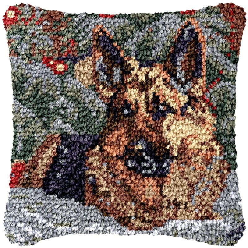 German Shepherd Latch Hook Pillow Cover Kits for DIY Handmade Throw Pillow Cross Stitch Latch Hook Pillowcase Rug Kits with Preprinted Color Pattern Canvas Crochet Yarn Kits 17''X 17''(ys48)