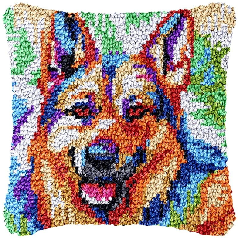 German Shepherd Latch Hook Pillow Cover Kits for DIY Handmade Throw Pillow Cross Stitch Latch Hook Pillowcase Rug Kits with Preprinted Color Pattern Canvas Crochet Yarn Kits 17''X 17''(fv161)