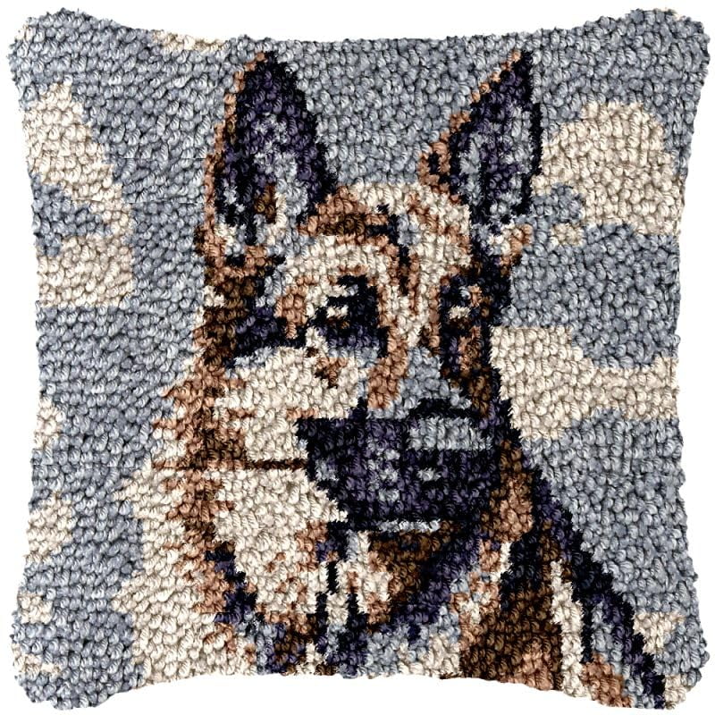 German Shepherd Latch Hook Pillow Cover Kits for DIY Handmade Throw Pillow Cross Stitch Latch Hook Pillowcase Rug Kits with Preprinted Color Pattern Canvas Crochet Yarn Kits 17''X 17''(ys43)