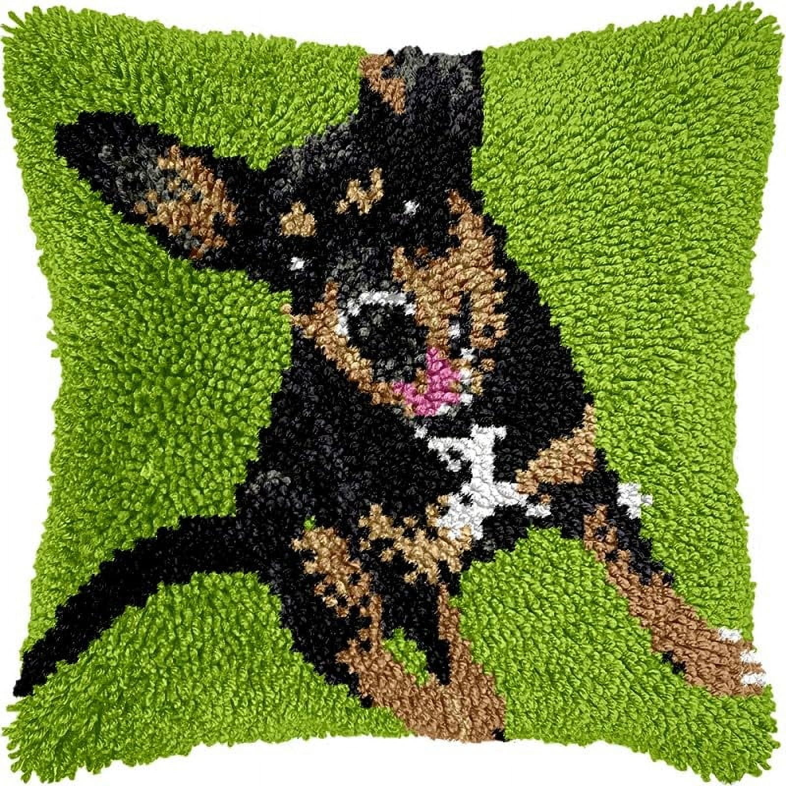 German Shepherd Latch Hook Pillow Kits for DIY Handmade Throw Pillow Cushion Cross Stitch Latch Hooking Pillowcase Kits with Preprinted Canvas Crochet Yarn 17''X 17''(Y63)