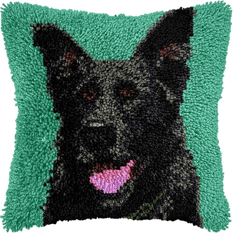 German Shepherd Latch Hook Pillow Kits for DIY Handmade Throw Pillow Cushion Embroidery Latch Hooking Pillowcase Kits with Preprinted Canvas Crochet Yarn Kits 17''X 17''(g253)