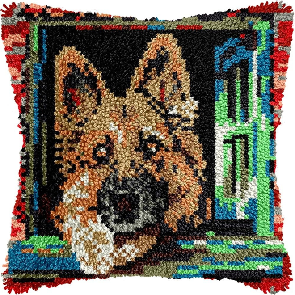 German Shepherd Latch Hook Pillow Kits for DIY Handmade Throw Pillow Cushion Embroidery Latch Hooking Pillowcase Kits with Preprinted Canvas Crochet Yarn Kits 17''X 17''(g165)
