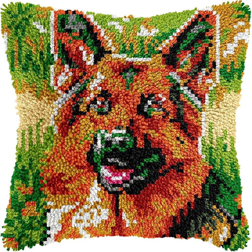 German Shepherd Latch Hook Pillow Kits for DIY Throw Pillow Cushion Embroidery Latch Hooking Pillowcase Kits with Preprinted Canvas Crochet Yarn Kits for Home Decor 17''X 17''(d168)