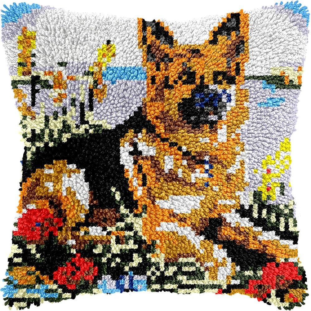 German Shepherd Latch Hook Pillow Kits for DIY Throw Pillow Cushion Embroidery Latch Hooking Pillowcase Kits with Preprinted Canvas Crochet Yarn Kits for Home Decor 17''X 17''(d154)