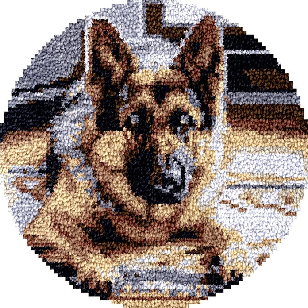 German Shepherd Latch Hook Round Rug Kits Set for Starter Crochet Handmade Hooking Cushion Mat Sofa Seat Cushion Crocheting Kits with Preprinted Canvas Crochet Yarn Kits 50X50CM (r14)