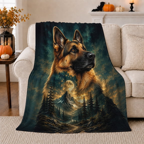 German Shepherd Moonlit Mountains Dog Portrait, Peaceful Pet Portrait Pattern, Warm Flannel Blanket for Cabin and Lodge, Dog Lovers autumn celebration Gift, Pet Lover Home Decor