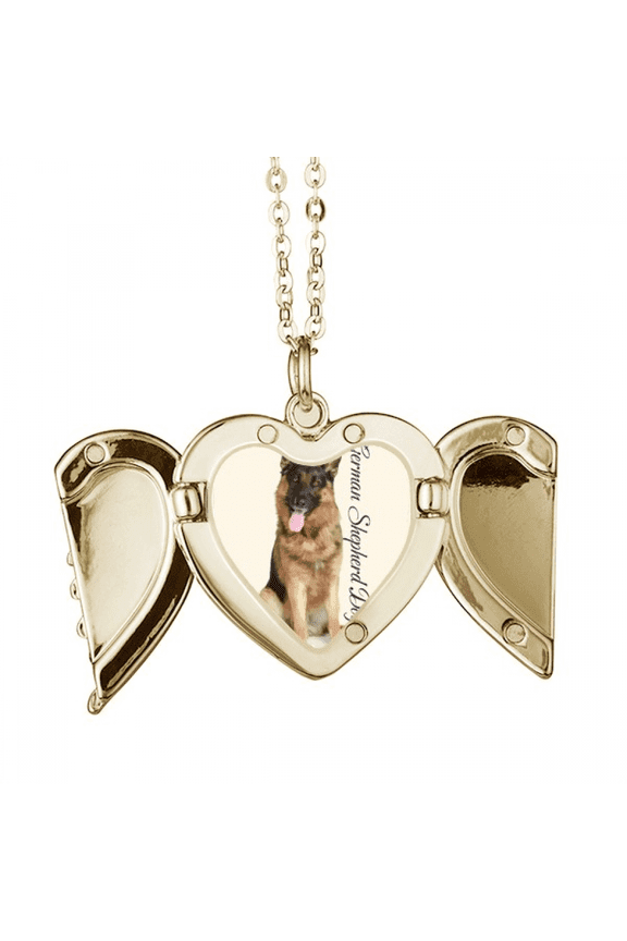 German Shepherd National Animal Folded Wings Peach Heart Pendant Necklace