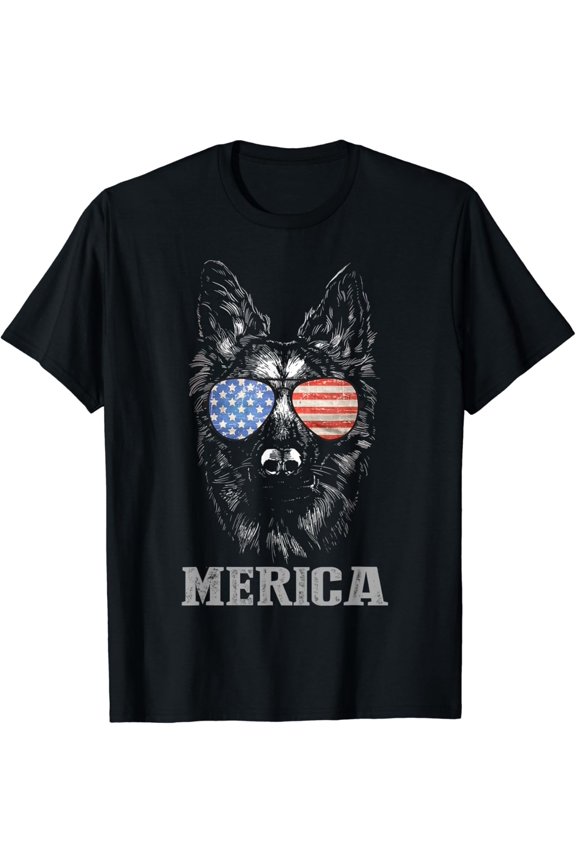 German Shepherd Patriotic Dog Merica 4th of July USA Flag T-Shirt
