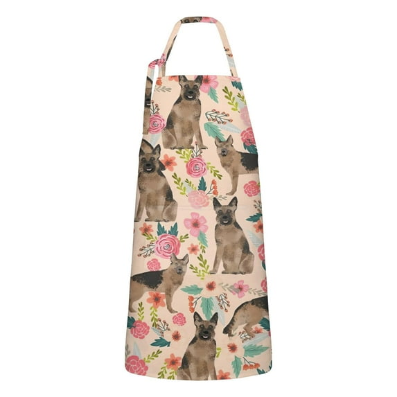 German Shepherd with Pioneer Flower Apron-Garden Aprons for Women with Pockets-Cotton Linen Waterproof Kitchen Cooking Gardening Aprons Adjustable for Kitchen,Cooking,BBQ and Salon 33x27 Inch