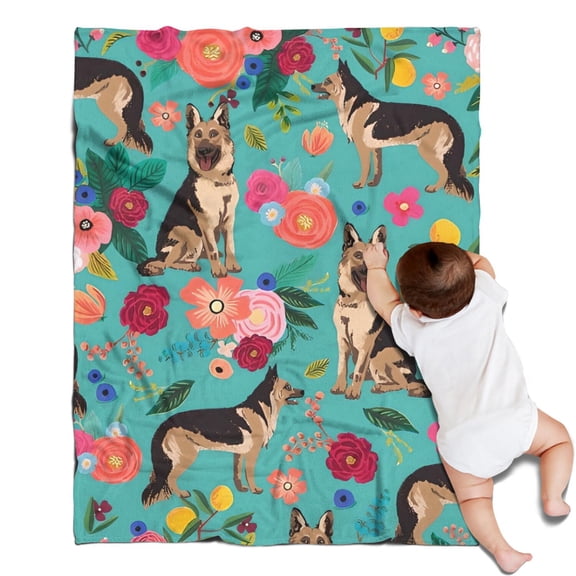 German Shepherd with Flowers Blanket,Comfortable Soft Flannel Throw Blanket,All Season,Warm Lightweight Blankets for Sofa Bed Couch Living Room Chair,30"x40"(80x100cm)