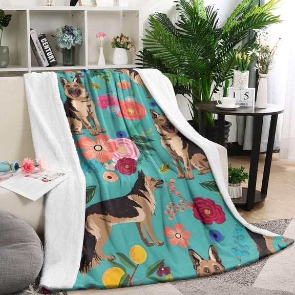 German Shepherd with Pioneer Flower Blanket,Comfortable Soft Flannel Throw Blanket,All Season,Warm Lightweight Blankets for Sofa Bed Couch Living Room Chair,40"x50"