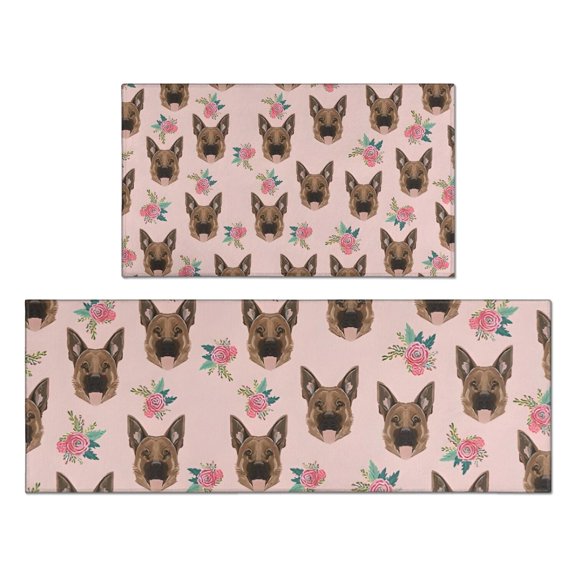 German Shepherd and Pioneer Flower Kitchen Rugs Sets Of 2,Anti Fatigue Kitchen Mat Rugs Non Slip Washable,Decorative Kitchen Floor Mats for Kitchen,Sink,Laundry,17"x30"+17"x47"