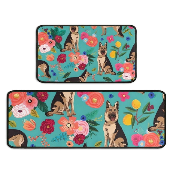 German Shepherd with Pioneer Flower Kitchen Rugs Sets Of 2,Anti Fatigue Kitchen Mat Rugs Non Slip Washable,Decorative Kitchen Floor Mats for Kitchen,Sink,Laundry,17"X30"+17"X47"