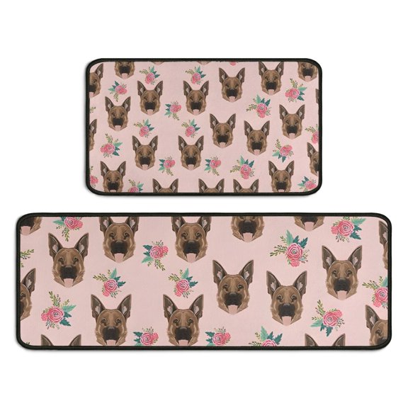 German Shepherd and Pioneer Flower Kitchen Rugs Sets Of 2,Anti Fatigue Kitchen Mat Rugs Non Slip Washable,Decorative Kitchen Floor Mats for Kitchen,Sink,Laundry,17"X30"+17"X47"