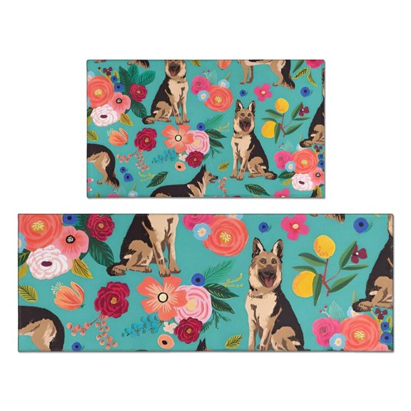 German Shepherd with Pioneer Flower Kitchen Rugs Sets Of 2,Anti Fatigue Kitchen Mat Rugs Non Slip Washable,Decorative Kitchen Floor Mats for Kitchen,Sink,Laundry,17"x30"+17"x47"