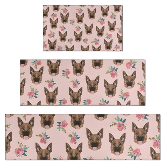 German Shepherd and Pioneer Flower Kitchen Rugs Sets Of 3,Kitchen Runner Rugs Non Skid Washable,Decorative Kitchen Floor Mats for Kitchen,Sink,Laundry,17"x30"+ 17"x47" + 17"x59"