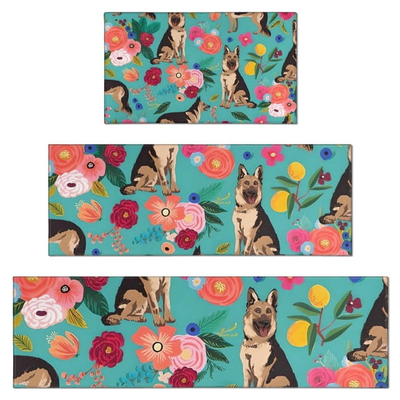 German Shepherd with Pioneer Flower Kitchen Rugs Sets Of 3,Kitchen Runner Rugs Non Skid Washable,Decorative Kitchen Floor Mats for Kitchen,Sink,Laundry,17"x30"+ 17"x47" + 17"x59"