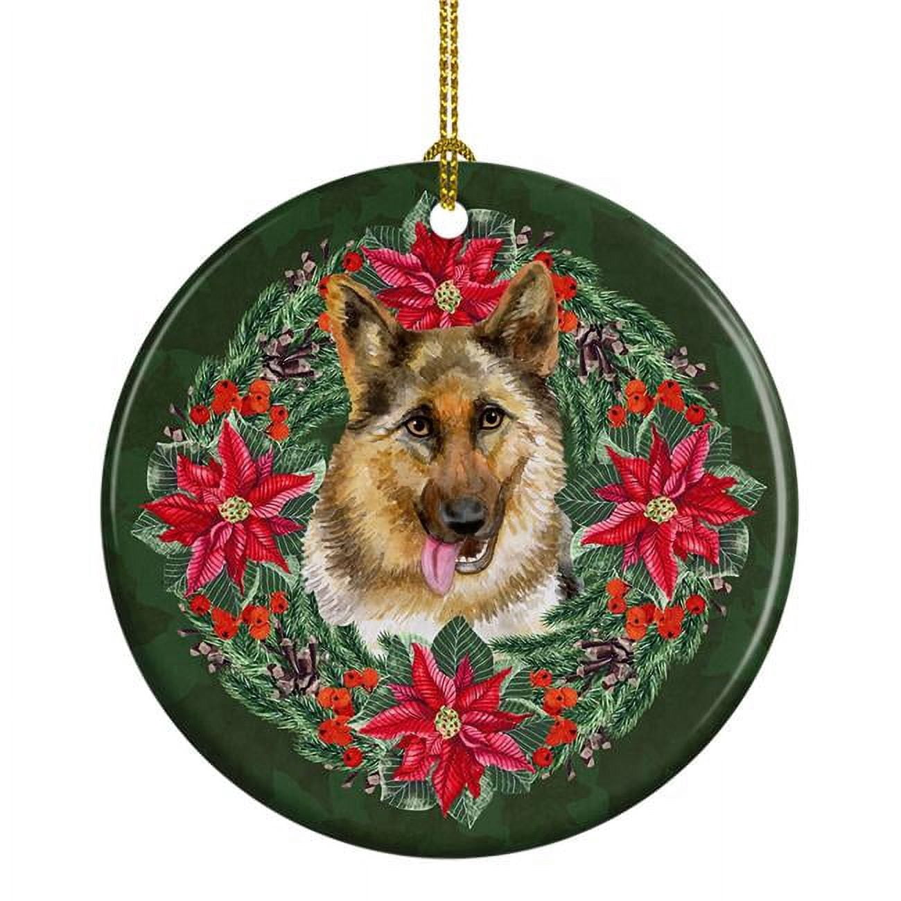 German Shepherd Poinsetta Wreath Ceramic Ornament 2.8 in x 2.8 in