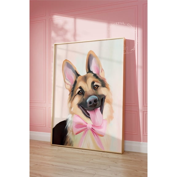 German Shepherd Portrait, Pastel Pink Bow, Girls Room Decor Home Decor #2241, Unframed Poster Size 8x12