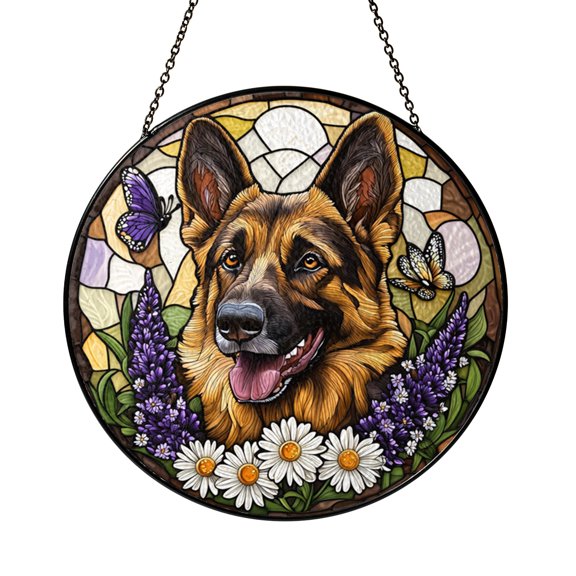 German Shepherd Portrait Stained Glass Window Panel with Daisy and Lavender Accents, Graceful Floral Canine Home Decor