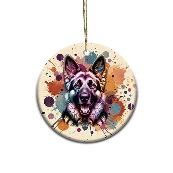 German Shepherd Portrait Watercolor Vintage Retro Styles Ceramic Round Ornament Alsatian Dog Lover Gifts Home Tree Decor - 00001