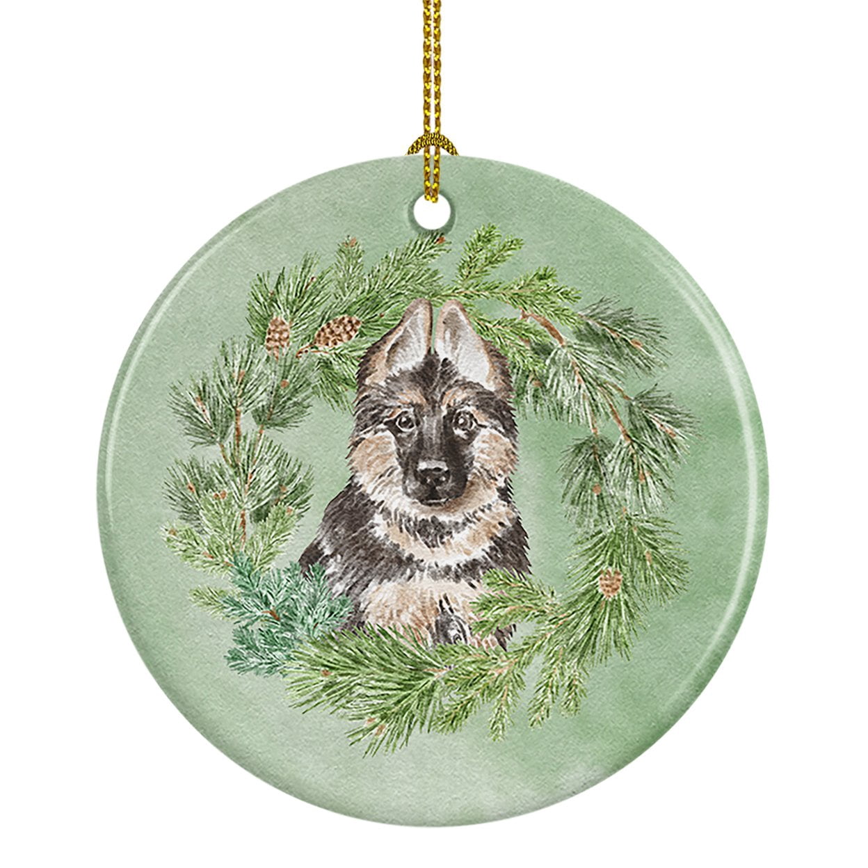 German Shepherd Puppy Christmas Wreath Ceramic Ornament 2.8 in x 2.8 in