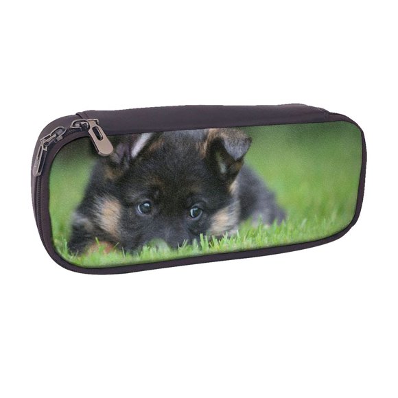 German Shepherd Puppy Pets Lawn Bokeh Dogs PU Leather Pencil Case Pen Pouch Pen Bag