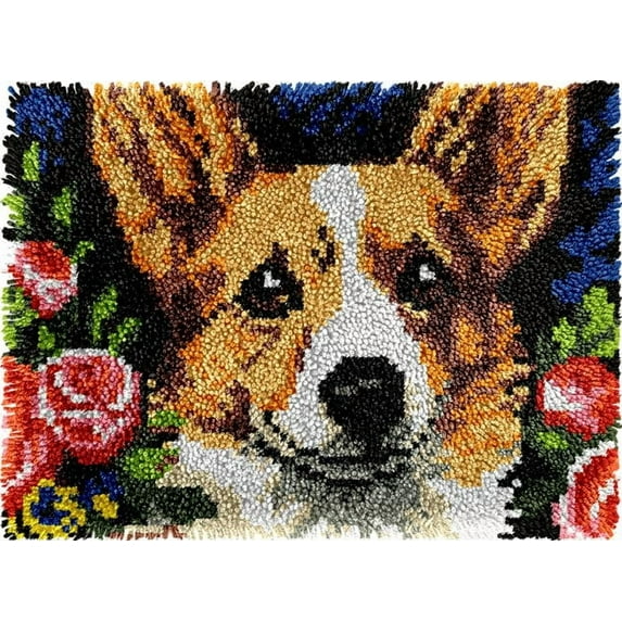 German Shepherd & Rose Latch Hook Kits Rug DIY Cushion Tapestry Making Crochet Hook Mat Making Kits Color Preprinted Pattern Canvas DIY Carpet Needlework Crochet Kits 52x38cm (AG11-124)