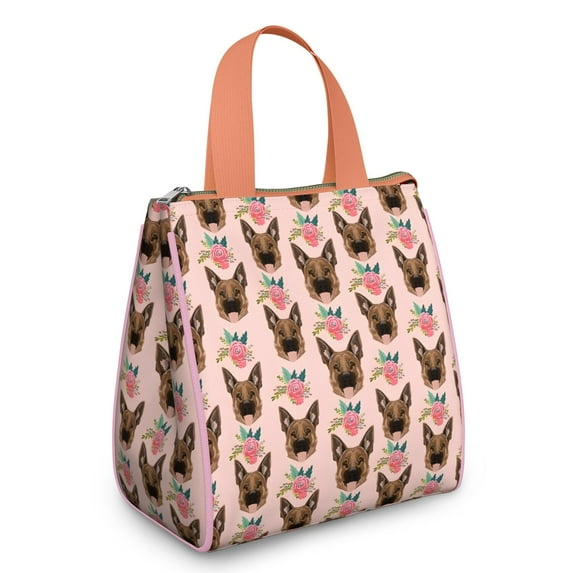 German Shepherd with Roses Insulated Lunch Bag for Women & Adults,Large Portable Soft Cooler Lunch Bag,Thermal Food Storage Tote with Pearl Cotton,8.66L,8.75x5.75x9.5 Inch