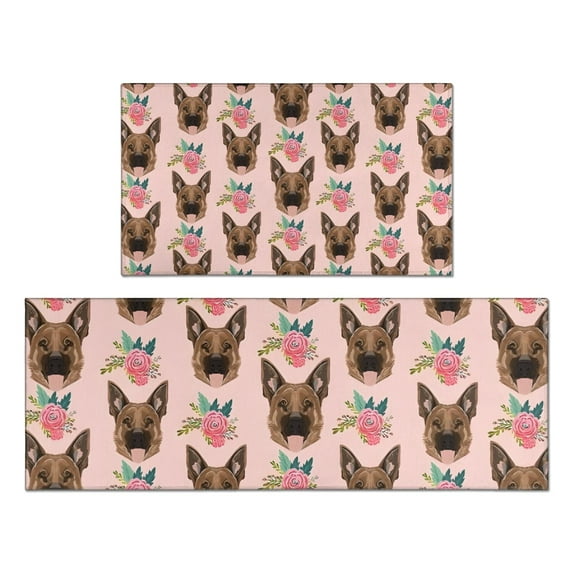 German Shepherd with Roses Kitchen Rugs Sets Of 2,Anti Fatigue Kitchen Mat Rugs Non Slip Washable,Decorative Kitchen Floor Mats for Kitchen,Sink,Laundry,17"x30"+17"x47"
