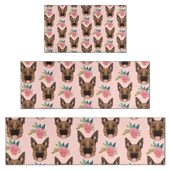 German Shepherd with Roses Kitchen Rugs Sets Of 3,Kitchen Runner Rugs Non Skid Washable,Decorative Kitchen Floor Mats for Kitchen,Sink,Laundry,17"x30"+ 17"x47" + 17"x59"