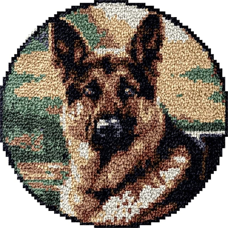 German Shepherd Round Shape Latch Hook Rug Kits Set for Starter Crochet Hook Cushion Mat Sofa Seat Cushion Crocheting Kits with Preprinted Canvas Crochet Yarn Kits 50X50CM (fi22)