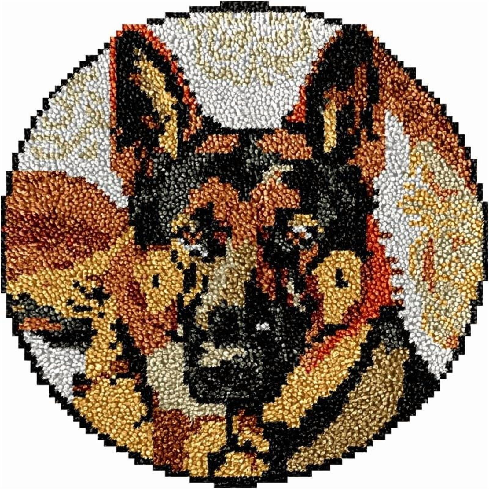 German Shepherd Round Shape Latch Hook Rug Kits Set for Starter Crochet Hook Cushion Mat Sofa Seat Cushion Crocheting Kits with Preprinted Canvas Crochet Yarn Kits 50X50cm (ui71)