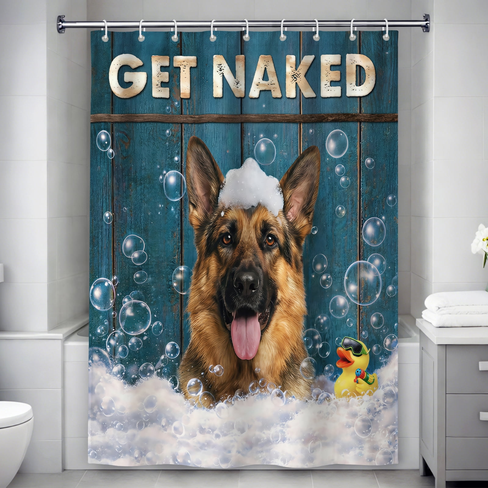 German Shepherd Shower Curtain - Funny Dog Bath Curtain with Bubbles & Rubber Duck, Waterproof Polyester Fabric, Unique Bathroom Decor for Pet Lovers - 60"x72"