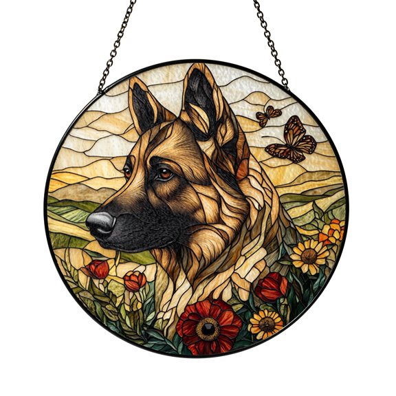 German Shepherd Stained Glass Style Window Suncatcher, Strong Dog Art Panel, Decorative Glass Style Window Hanging for Animal Inspired Home Decor