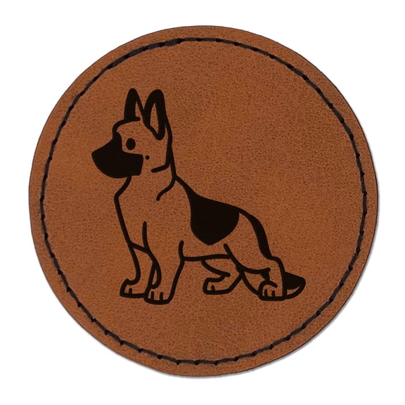 German Shepherd Standing Dog 2.5" Faux Leather Round Engraved Iron-On Patch - Brown