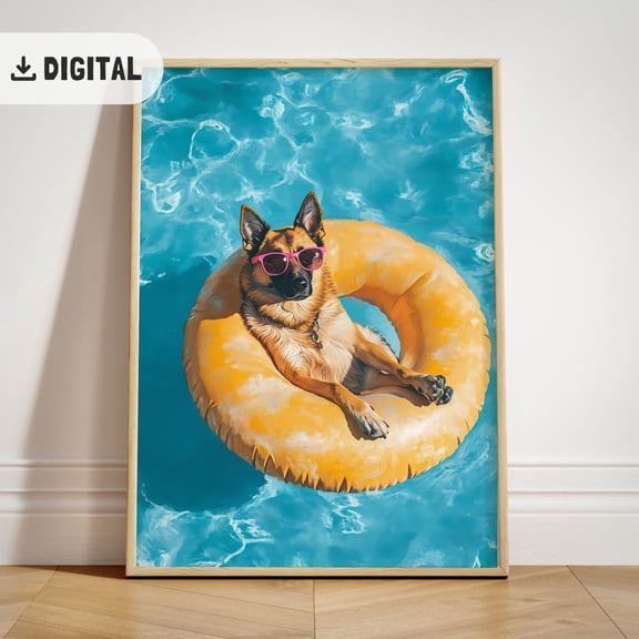 German Shepherd Summer : Dog Coastal Wall Art, Beach House Decor Unframed Paper Print