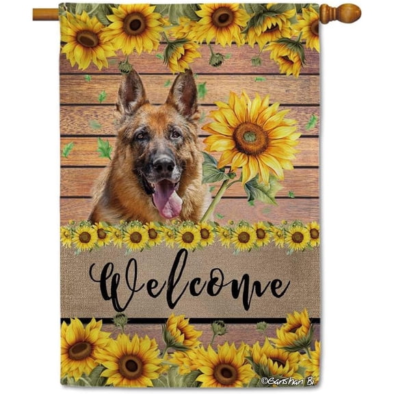 German Shepherd Sunflower House Flag Dog Welcome Spring Summer Wooden Print Flag Banner Outside Yard Decor 28X40 Inch Double Side Style 1