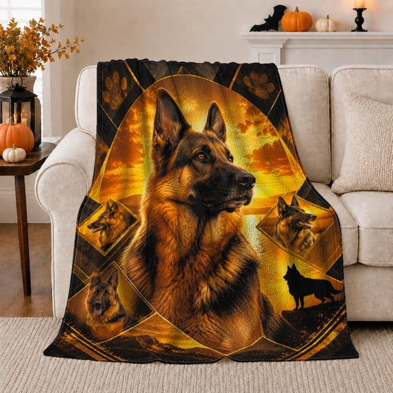 German Shepherd Sunset Profile Geometric Vignettes, Cozy Pet Portrait Pattern, Warm Flannel Blanket for Living Room and Bedroom, Dog Lovers Just Because Gift, Pet Lover Home Decor