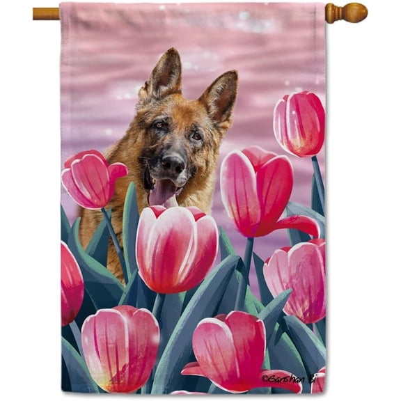 German Shepherd Tulip Flowers House Flag Hello Spring Summer Floral Dog Decor Flag Banner for Yard Outdoor 28X40 Inch Double Side