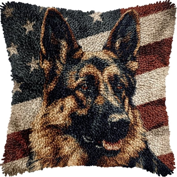 German Shepherd with USA Flag Latch Hook Pillow Kits DIY Pillowcase Crochet Hook Cushion Making Kits with Preprinted Pattern Canvas Instruction Yarns Pillow Cover Easy Starter Kits 43x43cmO76)