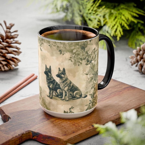 German Shepherd Vintage Toile Mug, Green Antique Style French Toile Mug for German Shepherd Dad, Dog Fathers Day GSD Lovers Coffee Cup Gifts