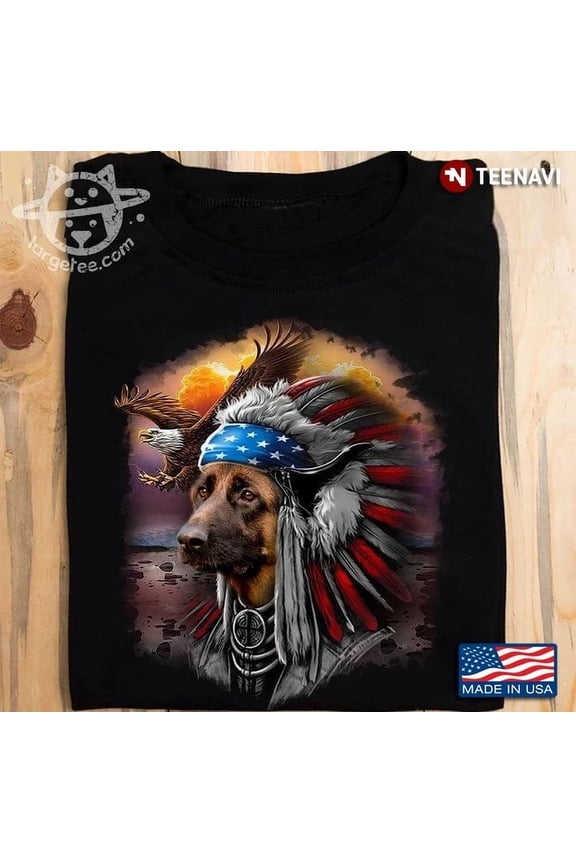 German Shepherd Warrior With War Bonnet And Eagle American Flag 4Th Of July Unisex S-5XL Hot Trending Shirt, Vintage Birthday Gift