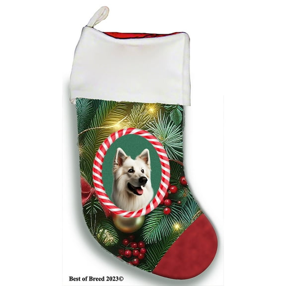 German Shepherd White - Best of Breed Christmas Stocking 13.5" Red Gaming Cloth with Red Lining ,Plush White Cuff